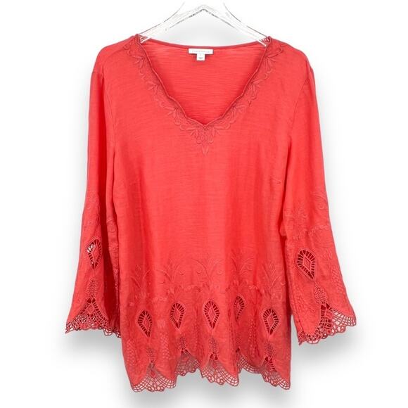 Charter Club blouse women's L linen blend coral embroidered crochet lace boho - Picture 1 of 8